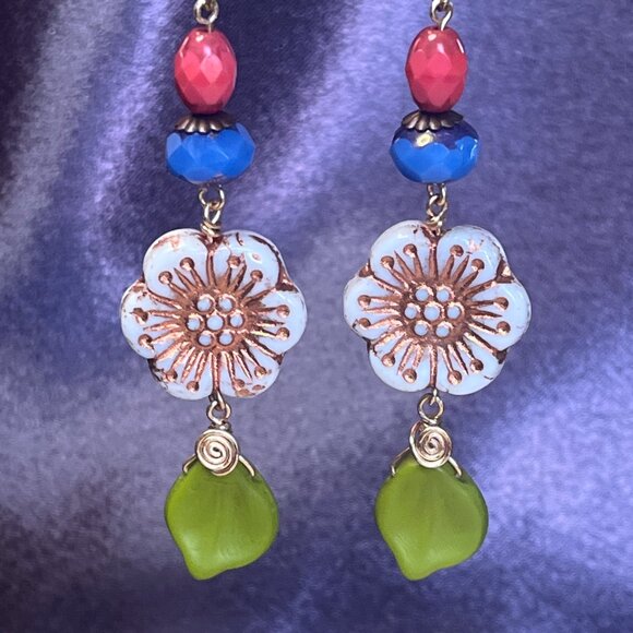 Colorful Long Dangle Nature-Inspired Flower Earrings - Picture 3 of 6